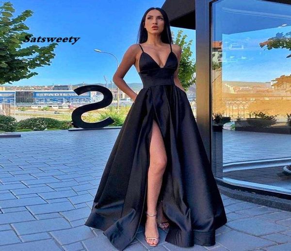 

straps long black satin prom dresses with leg slit vneck floor length arabic evening gowns robe5619220