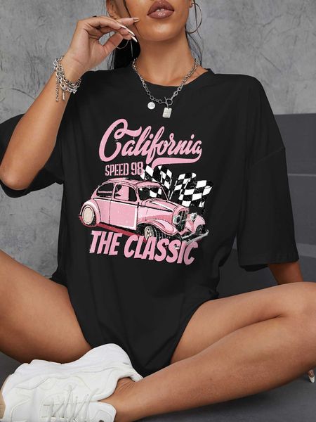 

women's fashion t-shirt car and letter graphic shoulder oversized, White