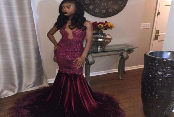 

elegant prom dresses deep vneck lace appliques mermaid party gown with feather robe marriage formal party evening wear maxi dress6330406, Black;red
