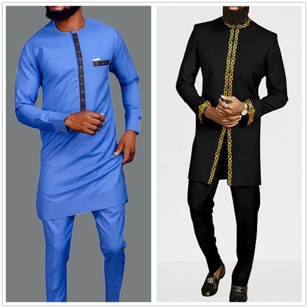 

men's tracksuits men's suits solid color simple shirts and pants two-piece sets outfit fashion casual party wedding african man cl, Gray