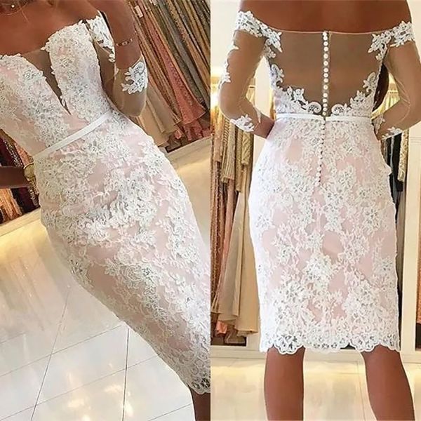 

homecoming dress graduation prom party gown new cocktail plus size custom gown bateau off-shoulder 3/4 long sleeve straight lace white appli, Blue;pink