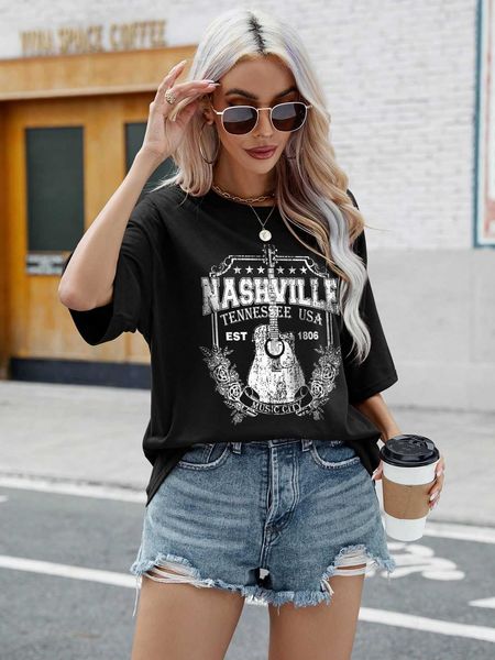 

women's fashion t-shirt essnce guitar letter graphic shoulder, White
