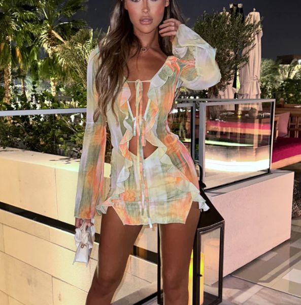 

urban dresses women mini dress long sleeve lacing tie-dye print patchwork slit bodycon dress for club party 230717, White;black