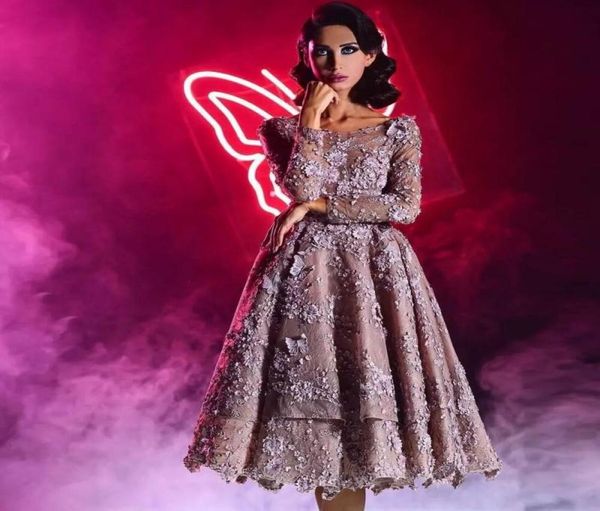 

stylish 3d appliqued lace prom dresses bateau neck backless evening gowns sleeves a line vestidos de fiesta tea length beaded form7378731, Black