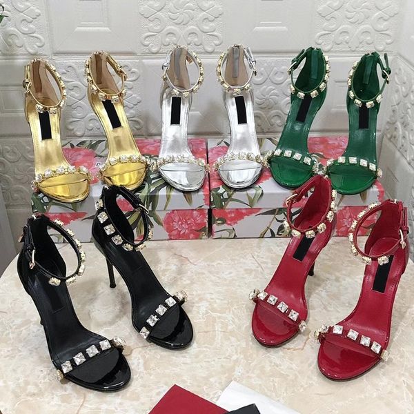 

luxury designer sandals for womens rhinestone outdoor summer shoes ankle strap slide fastener high heels quality paint leather stiletto heel, Black