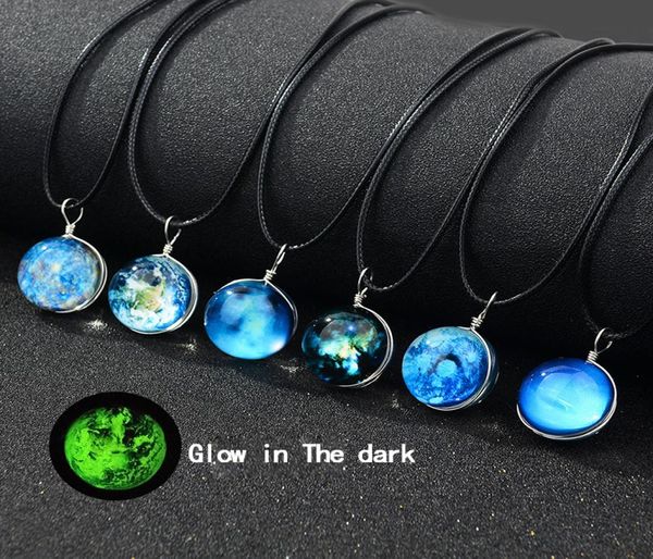 

new glow in the dark galaxy universe necklaces luminous glass cabochon star moon pendant black wax rope chain for women men fashio5323739, Silver