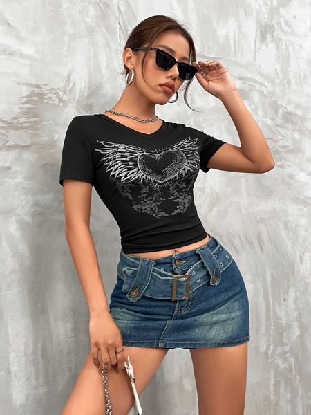 

women's fashion t-shirt grunge heart wings pattern crop, White