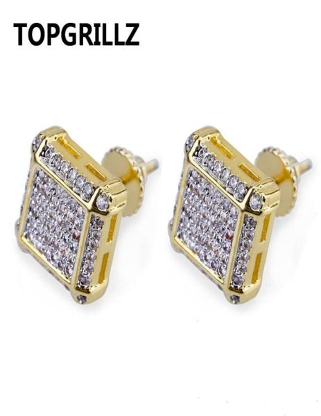 

rillz hip hop gold color iced out full cubic zircon square stud earring men charm jewelry gifts with screw back buckle7809189, Silver