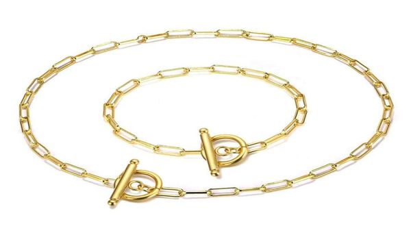 

fashion punk hip hop jewelry stainless steel square chain toggle ot buckle jewelry sets for woman gold silver color bracelet neckl1001972