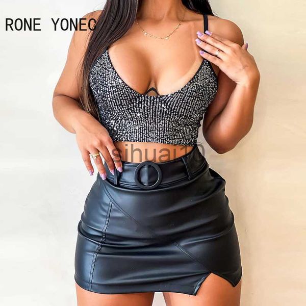 

women's two piece pants women chic sequins cami sleeveless pu leather bottom with belt summer bodycon mini skirt sets j230717, White