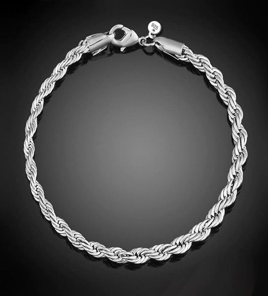 

luxury 3mm 4mm 925 sterling silver bracelets 8 inch women ed rope chain wristband wrap bangle for men s fashion jewelry8206536, Black