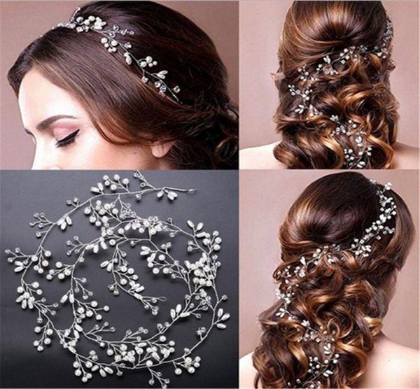 

crystal handmade long bridal hair tiara veil headpiece pearl hairbands wedding hair accessories bride head chain3807469, Slivery;golden