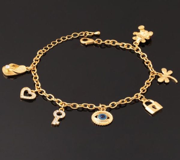 

18k real gold plated evil eyes cute bracelet key lock bear hearts bangles for girls jewelry whole yh51849580993, Golden;silver
