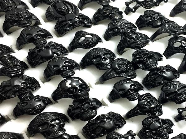 

bulk lots 50pcs styles mixed black plated skull skeleton gothic ring whole man boy punk cool rocker metal rings new arrival je5542985, Golden;silver