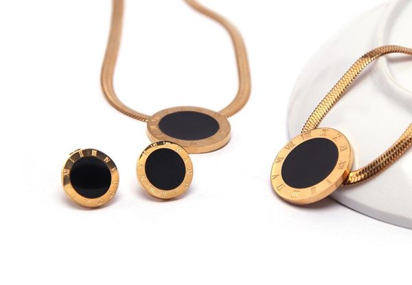 

jewelry roman numeral stainless steel necklace bracelet stud set for women gift 3860443, Black