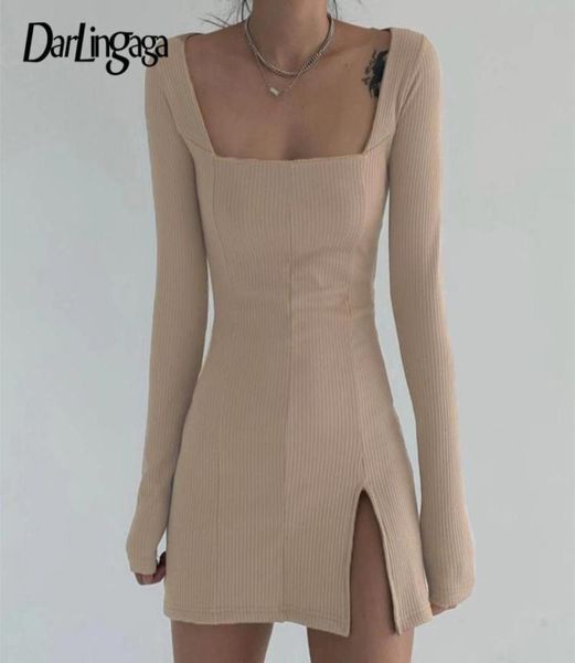 

casual dresses elegant square neck ribbed black dress female knitted side split bodycon long sleeve fashion mini basic3275833, Black;gray