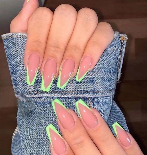 

2020 new neon fake nails french false nails easy wear press on nail extra long ballerina v shape nail tips manicure whole9031183, Red;gold