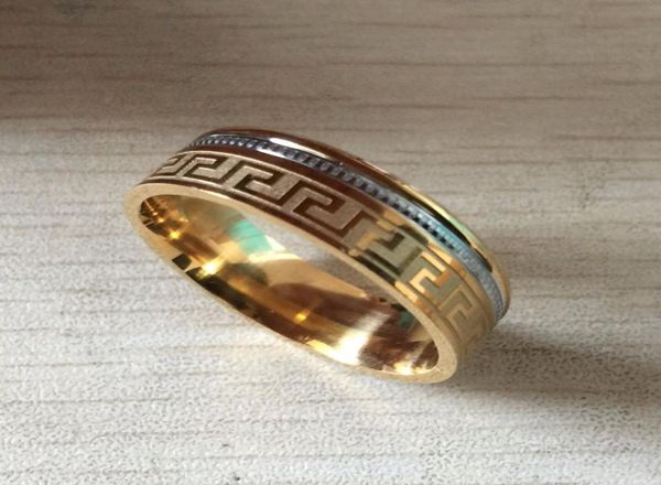 

large wide 8mm 316 titanium steel white yellow gold color greek key wedding band ring men women silver gold 2 color female5836636