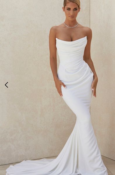 

elegant long mermaid crepe strapless wedding dresses stretchy sleeveless open back ivory vestidos de novia abendkleid bridal gown for women, White