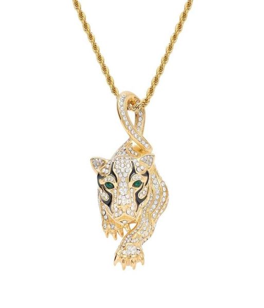 

hip hop leopard diamonds pendant necklaces for men luxury animal crystal pendants western gold stainless steel rhinestone necklac5173536, Silver