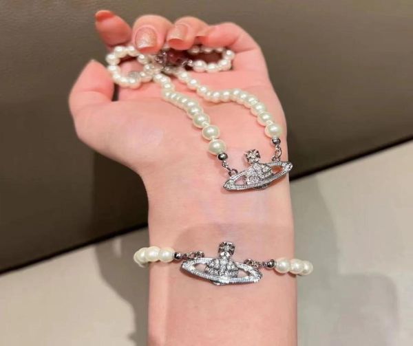 

famous british designer pearl pendant saturn necklace bracelet stereoscopic 3d planet collarbone choker necklaces bracelets jewelr7731709, Silver