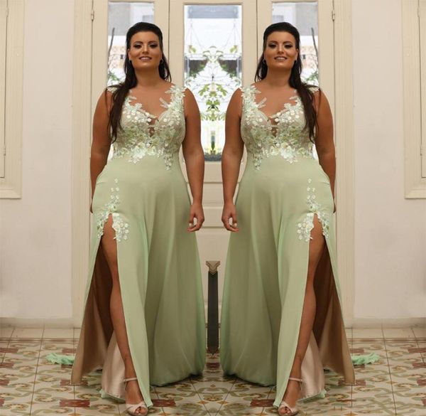 

light green plus size appliqued prom dresses sheer v neck evening gown a line split side chiffon floor length formal dress abiye 23983621, Black
