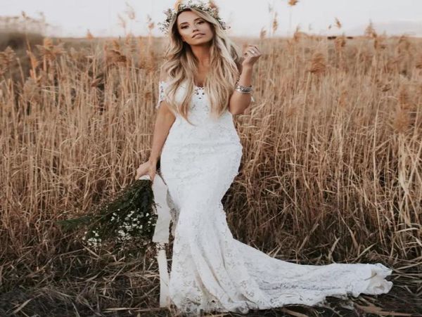 

2023 bohemian floral lace mermaid wedding dresses off the shoulder sweetheart neck country bridal gowns boho beach robe de marriag5732931, White