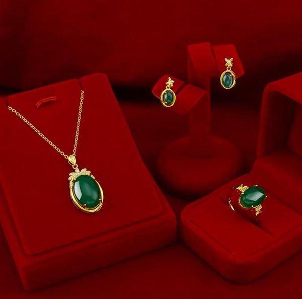 

natural emerald gemstone gold necklace pendant 14k yellow jewelry set ring stud earrings for women wedding jewery bracelet 3107705, Black