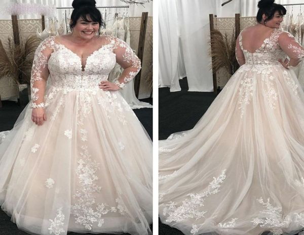 

2021 vintage lace a line wedding dresses long sleeves plus size bridal gowns v neck sweep train light champagne outdoor wedding we3142659, White