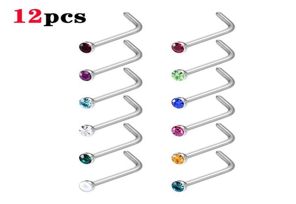 

crystal nose stud nariz piercing set l shape nose ring stainless steel 2mm gem nostril screw for women men body jewelry9952957, Silver