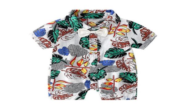 

hawaii beach style boys casual romper ins summer leaf printed short sleeve kids jumpsuit fashion lapel bow tie toddler onesie y1705106375, Blue
