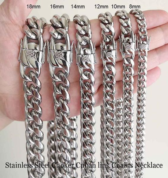 

18inch22inch choker necklace high polished cuban link chain men women 316l stainless steel double safty clasp 8mm 10mm 12mm 14mm 7045328, Silver