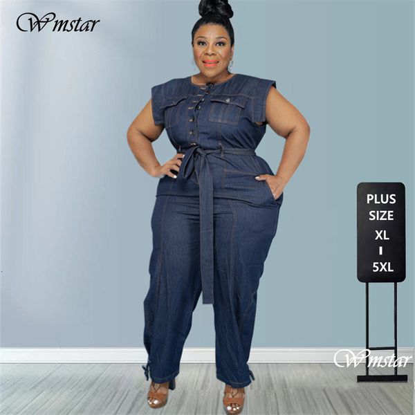 

women's plus size jumpsuits rompers jumpsuit plus size women clothing denim round neck lace up sleeveless trousers pocket stretch bodys, Black