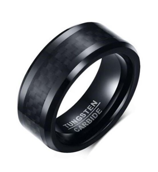 

wedding ring beveled edge 8mm comfort fit mens black tungsten carbide weeding band ring with black carbon fiber26245793886, Slivery;golden