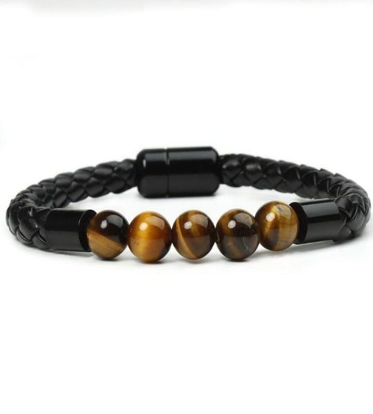 

8mm matte onyxtiger eye howlite turquoise stone beaded genuine leather rope bracelet wristbands for men women5013586, Black