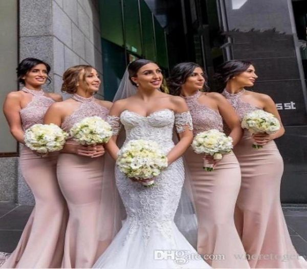 

2020 modest mermaid rose gold bridesmaid dresses lace halter formal wedding guest gowns satin trumpet custom made maid of honor dr3791600, White;pink