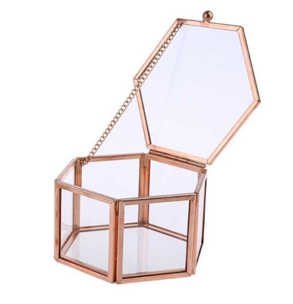 

hexagon transparent rose gold glass ring box wedding ring box geometric clear glass jewelry box organizer tableolder 2107136109363, Black;white