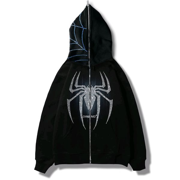 

spider web rhinestone hoodie sweatshirt zipper warm harajuku hip hop sweatshirt y2k clothing men's hoodie, Black