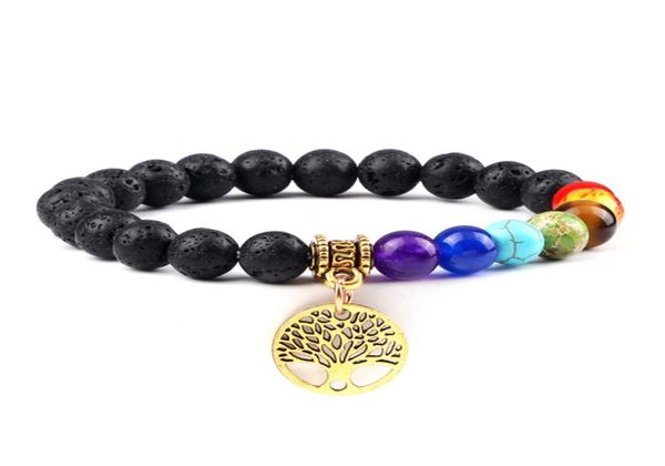 

7 chakra life tree bracelets natural volcanic stone reiki healing engry beads bangles women men yoga bracelet jewelry gift7097576, Golden;silver