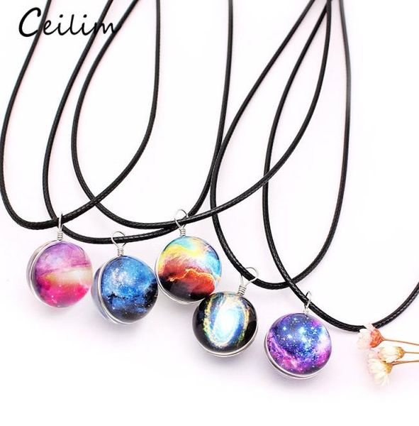 

fashion dreamy starry nebula space galaxy universe necklace doublesided glass ball pendant black letter chain necklaces women gir2807738, Silver
