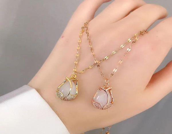 

titanium steel tulips necklaces pendants jewelry flower cat eye gem crystal long necklace for women christmas gift7456670, Silver