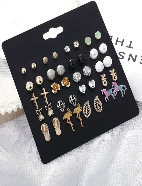

fashion lovely animal size pearl combination ear studs female cross border unicorn diamond pierced earrings set accessories whol3392723, Golden;silver