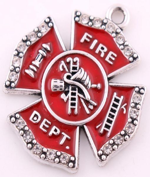 

10pcslot zinc alloy rhodium plated single side fire dept badge red enamel crystals charm pendant for jewelry making1128547, Silver
