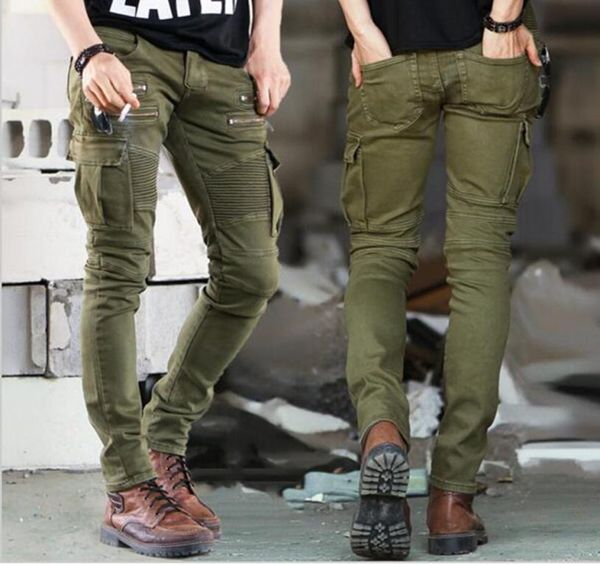

army biker jeans men skinny cargo jeans with side pockets 2017 mens denim pants casual slim fit zipper motorcycle homme2711755, Blue