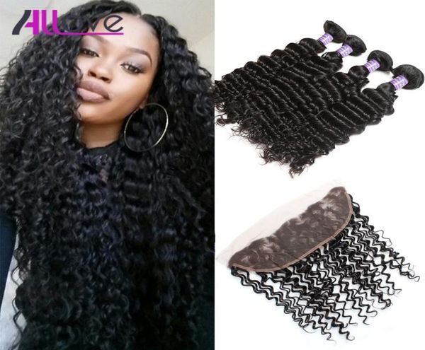 

allove whole 8a brazilian deep wave 4pcs human hair bundles with 13x4 lace frontal closure weaves extensions for women all age4489649, Black