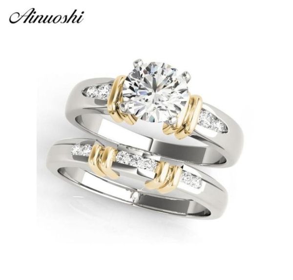 

ainuoshi trendy 925 sterling silver women wedding engagement ring sets yellow gold color 1ct round aniversary anillos de plata y202887600, Slivery;golden