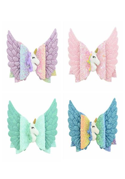 

new 4 colors girls blingbling unicorn bow hairpins 35 inches 88cm candy color sweet kids sequins glitter bow hair clips5439371, Slivery;white