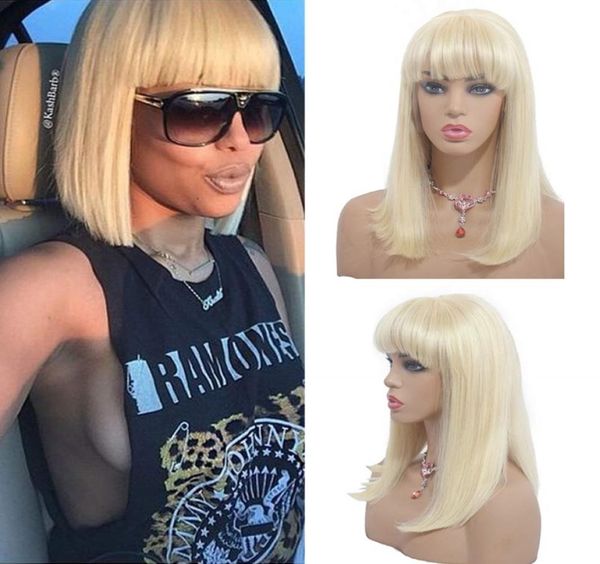 

ash blonde human hair bob wig with bangs straight virgin european glueless full lace front wig wig color 6132144894, Black;brown