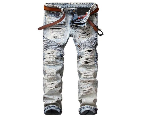 

whole new ink biker men jeans homme hi street hole slim fit distressed ripped denim pants male washed punk cotton jeans6445803, Blue