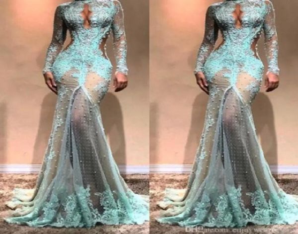 

high neck luxury full lace pearls mermaid evening dresses dubai see through illusion high split formal prom cutaway side celebrity5244096, Black